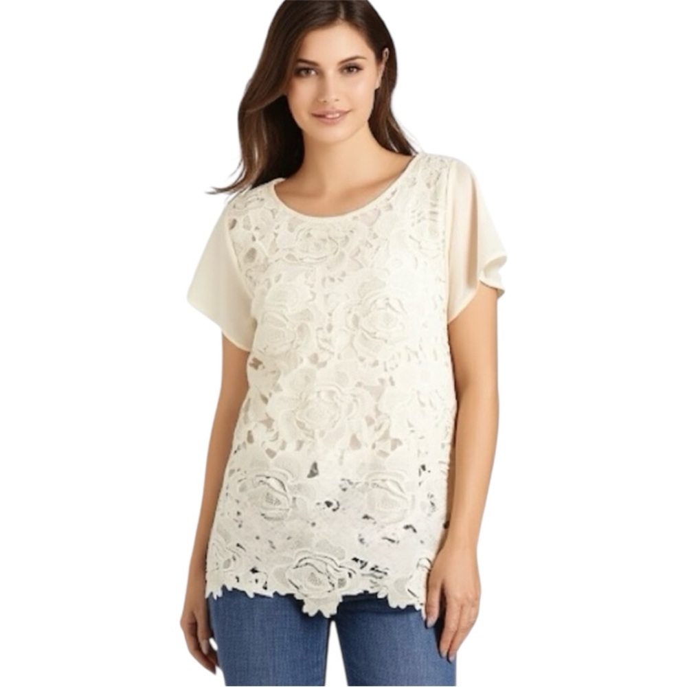 Twin-Set Cream 3D Floral Lace Overlay Short Sleeve Tunic Top Size Large